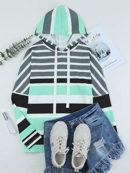 Green Striped Pullover Hooded Sweatshirt