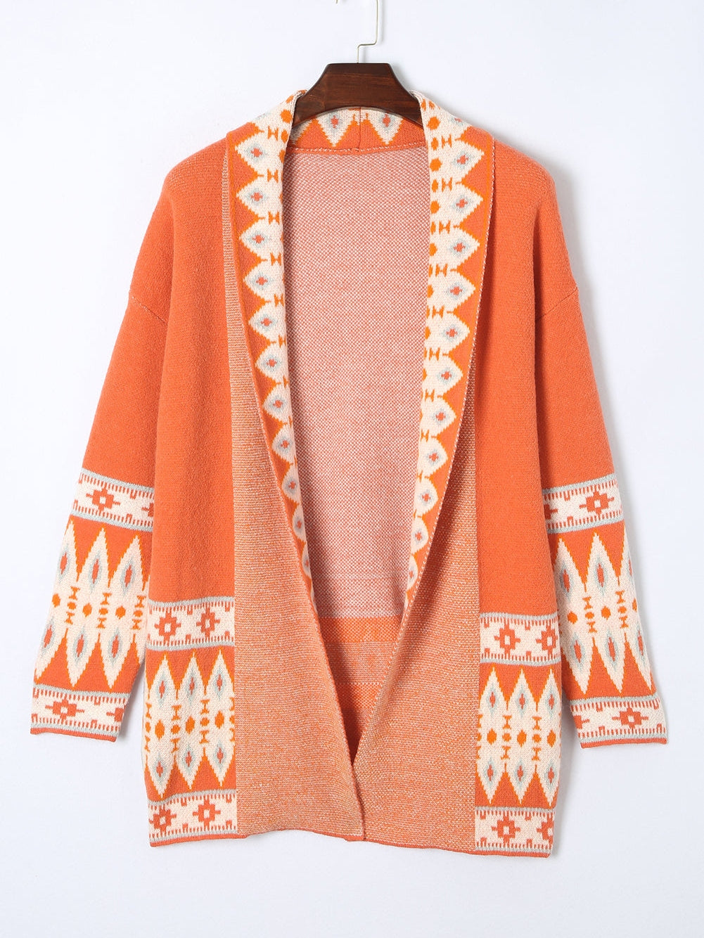 Aztec Print Orange Knit Duster Cardigan with Open Front