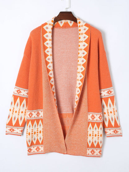 Aztec Print Orange Knit Duster Cardigan with Open Front