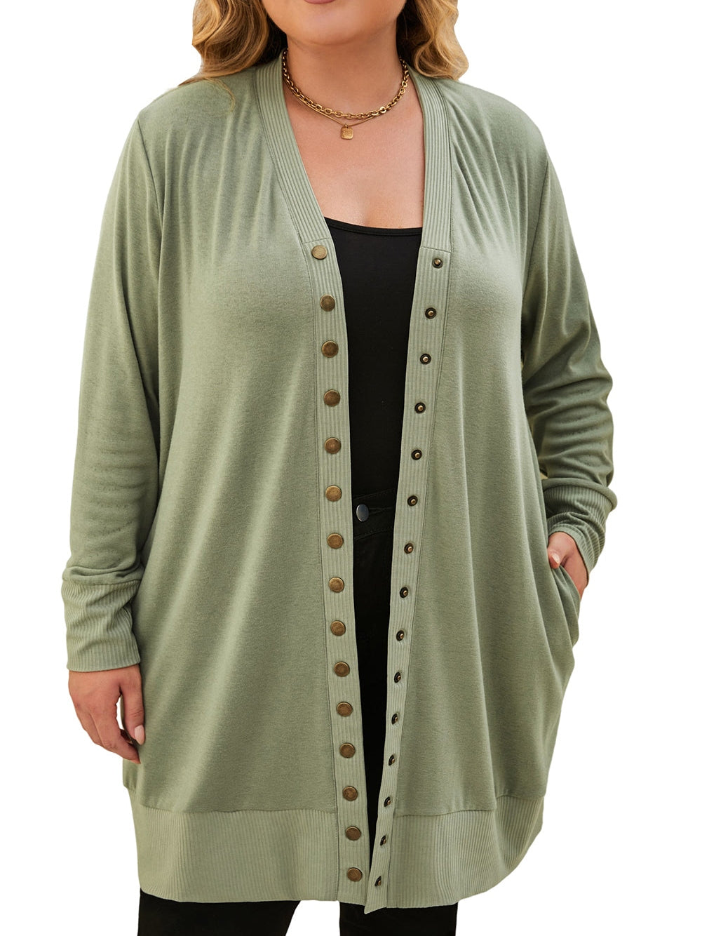 Green V-Neck Plus Size Snap Button Cardigan with Pockets