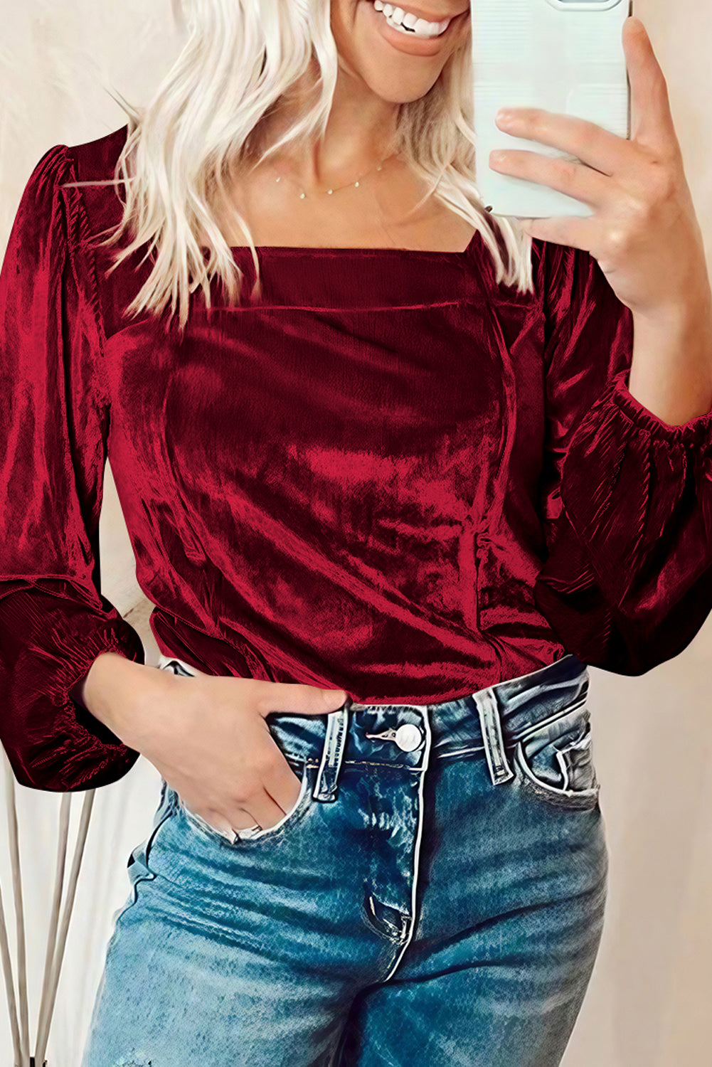 Burgundy Velvet Ribbed Texture Square Neck Slim Puff Sleeve Top