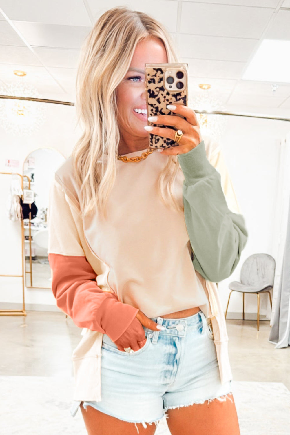 Beige Color Block Patchwork Split Hem Casual Sweatshirt