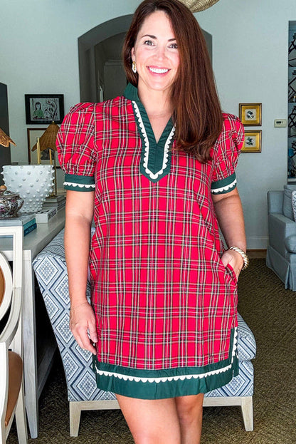 Racing Red Festive Plaid Ricrac Contrast Patchwork V Neck Short Sleeve Mini Dress