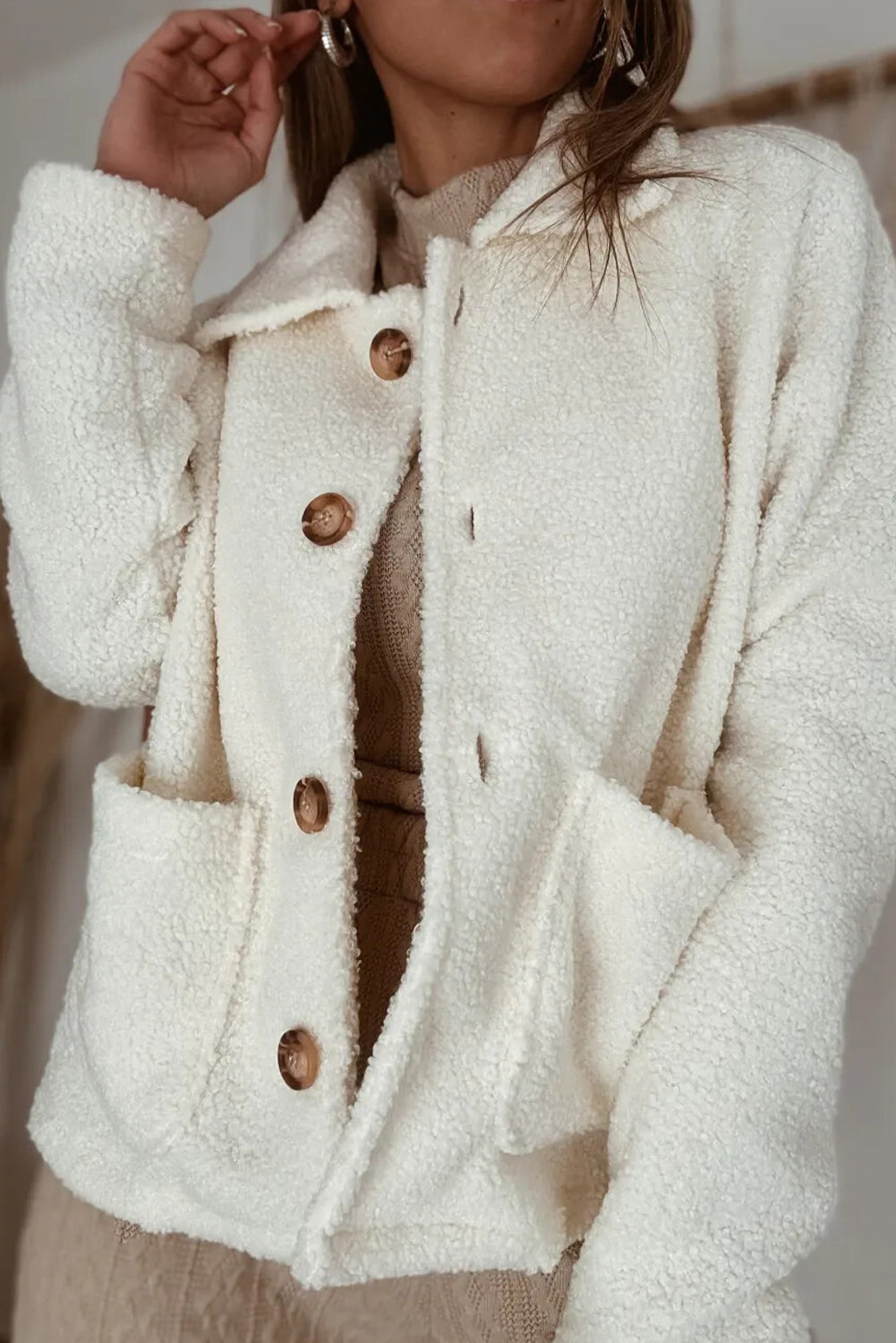 Beige Collar Button Down Cozy Sherpa Jacket