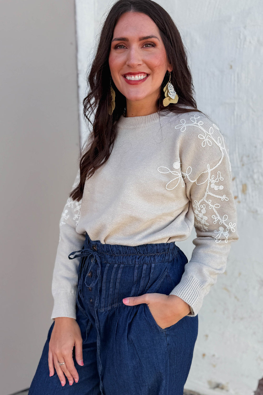 Simply Taupe Contrast Embroidered Sleeve Ribbed Trim Casual Sweater