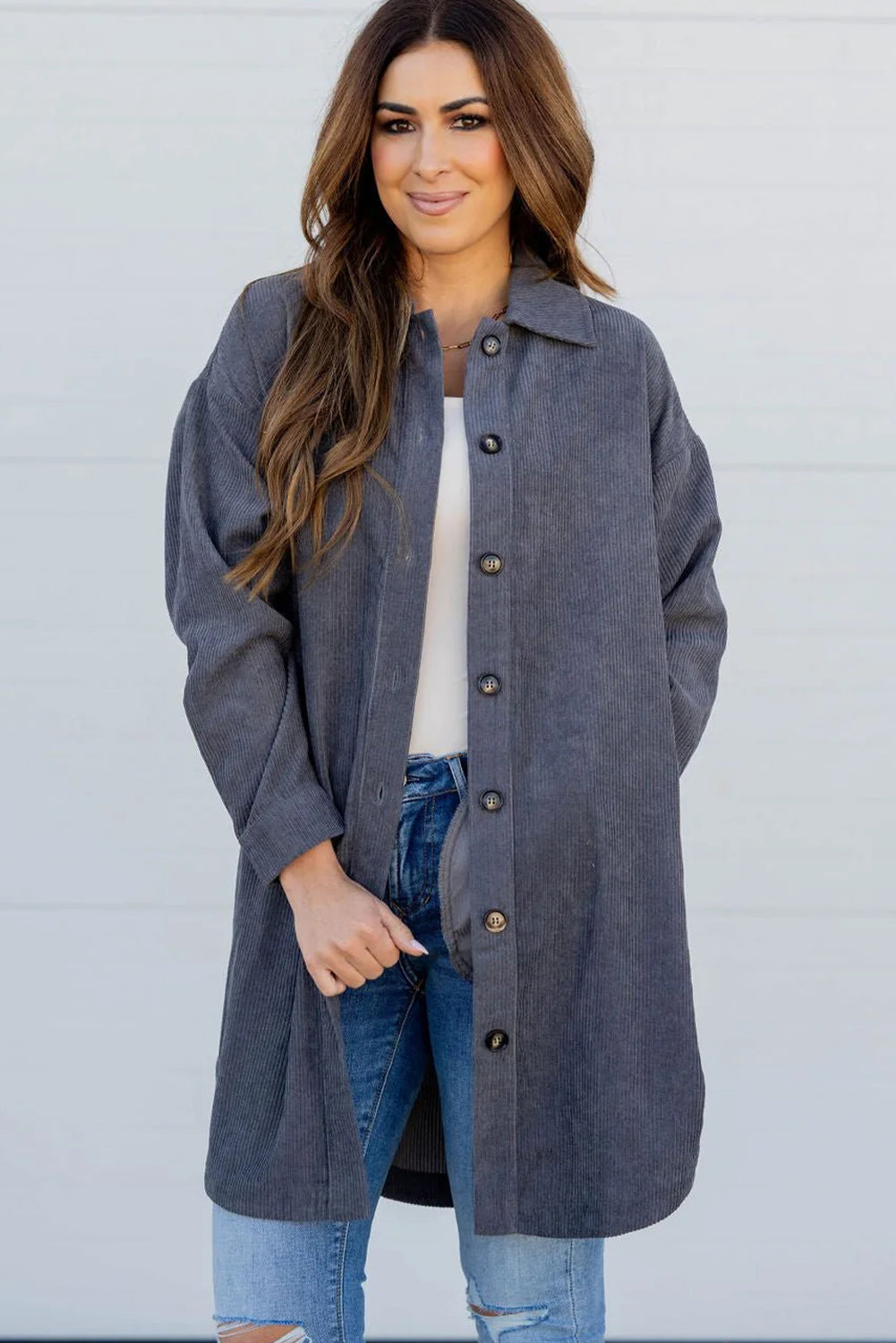 Dirty blue Corduroy Side Slit Oversize Shacket