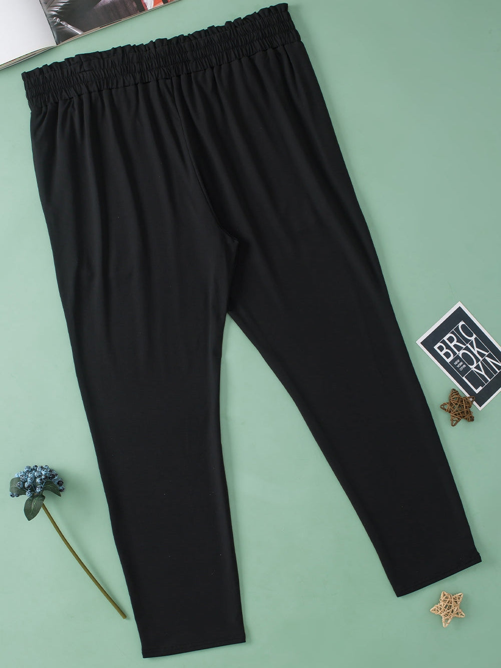 Elegant Black Plus Size High Waist Frilled Soft Pants with Pockets