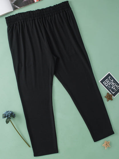 Elegant Black Plus Size High Waist Frilled Soft Pants with Pockets