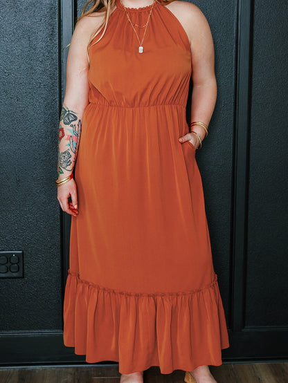 Russet Orange Plus Size Ruffled Hem Sleeveless Long Dress