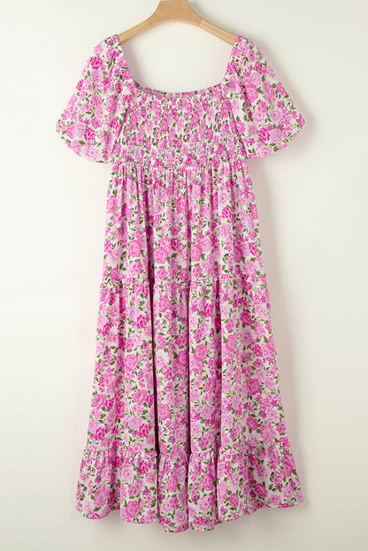 Elegant Pink Floral Smocked Puff Sleeve Maxi Dress