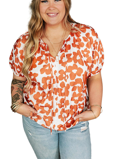 Orange Floral Print Plus Size V Neck Short Sleeve Blouse with Drawstring