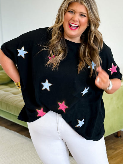 Chic Black Star Sequin Plus Size T-Shirt