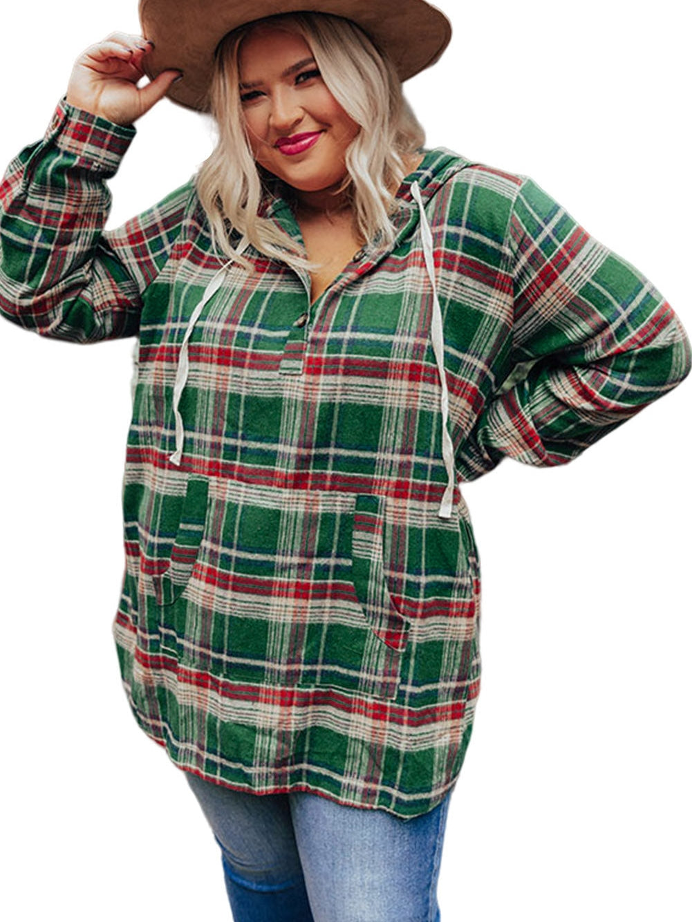 Green Plus Size Plaid Kangaroo Pocket Drawstring Hoodie