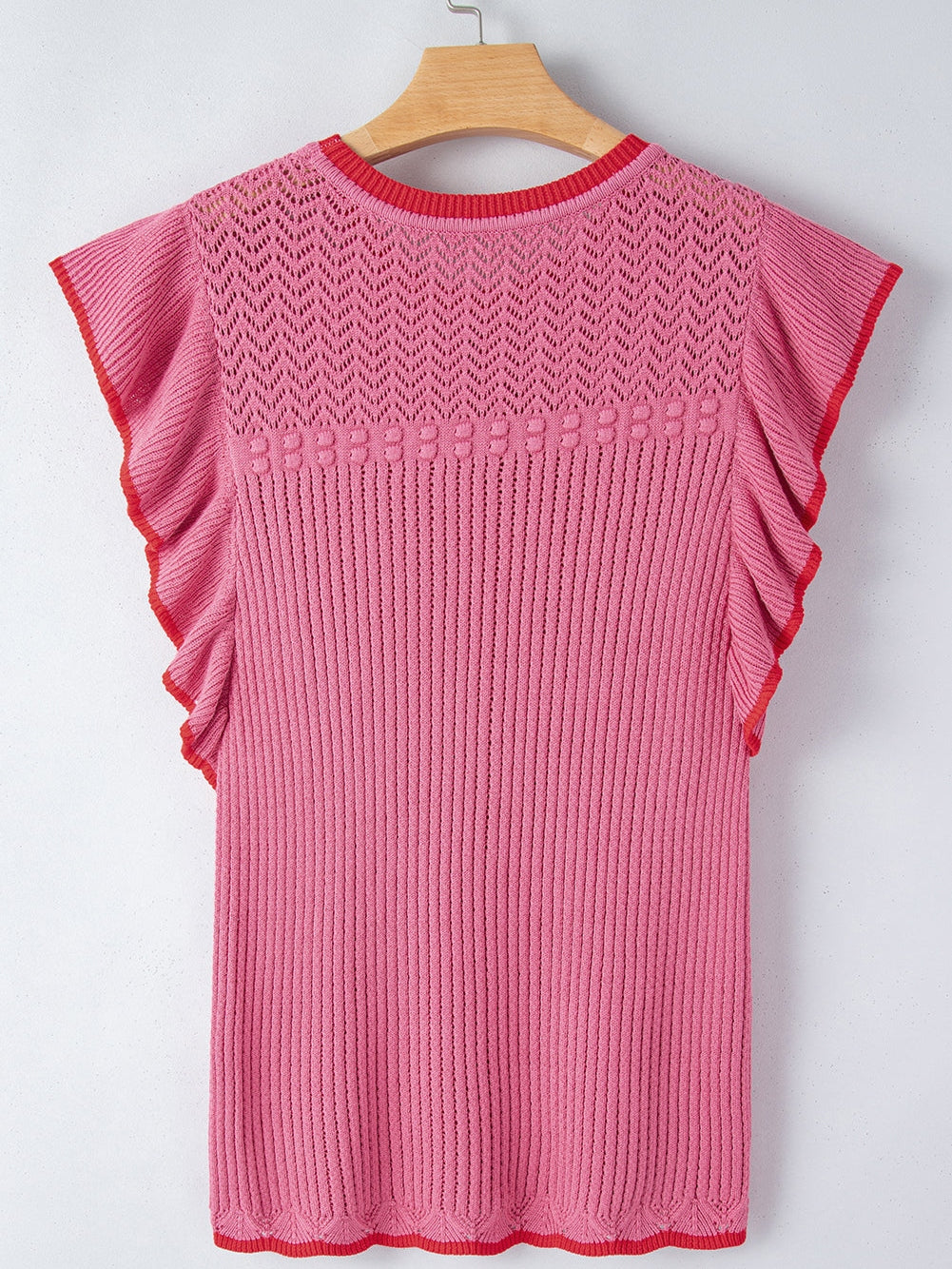 Rose Red Ruffled Contrast Trim Plus Size Short Sleeve Sweater