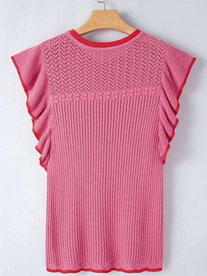 Rose Red Ruffled Contrast Trim Plus Size Short Sleeve Sweater