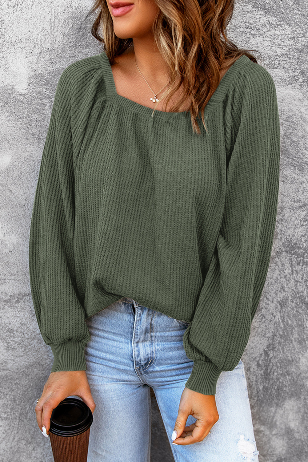 Green Square Neck Loose Fit Waffle Knit Long Sleeve Top