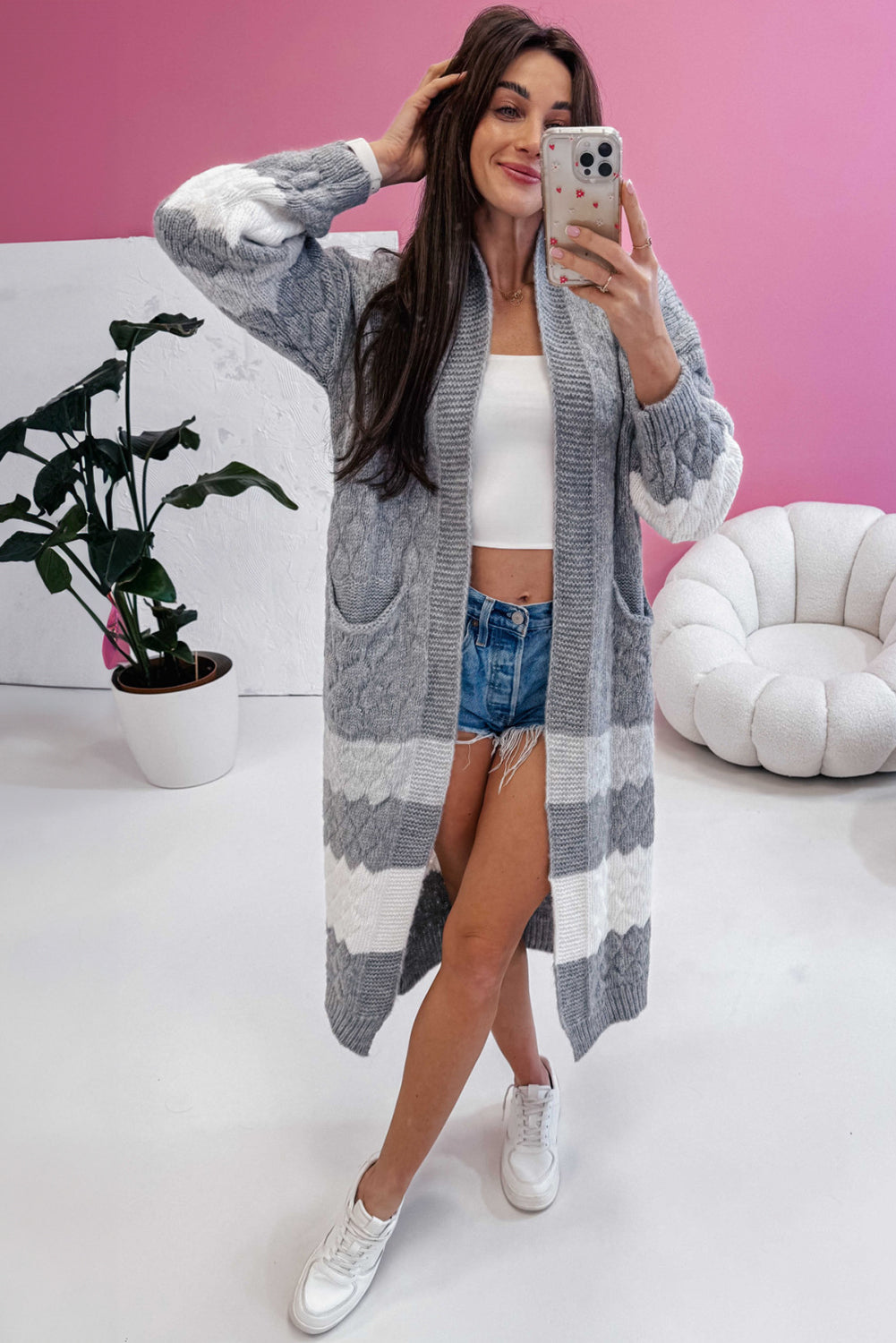 Gray Color Block Side Pockets Open Front Long Cardigan