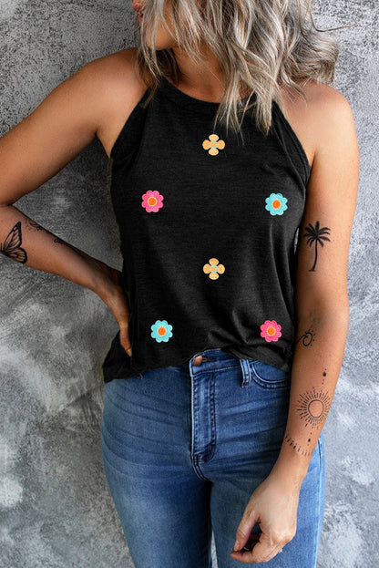 Floral Embroidered Black Tank Top with Sweet Details