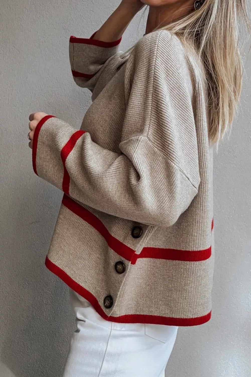 Simply Taupe Ribbed Knit Contrasted Stripe Detail Button Side Loose Sweater