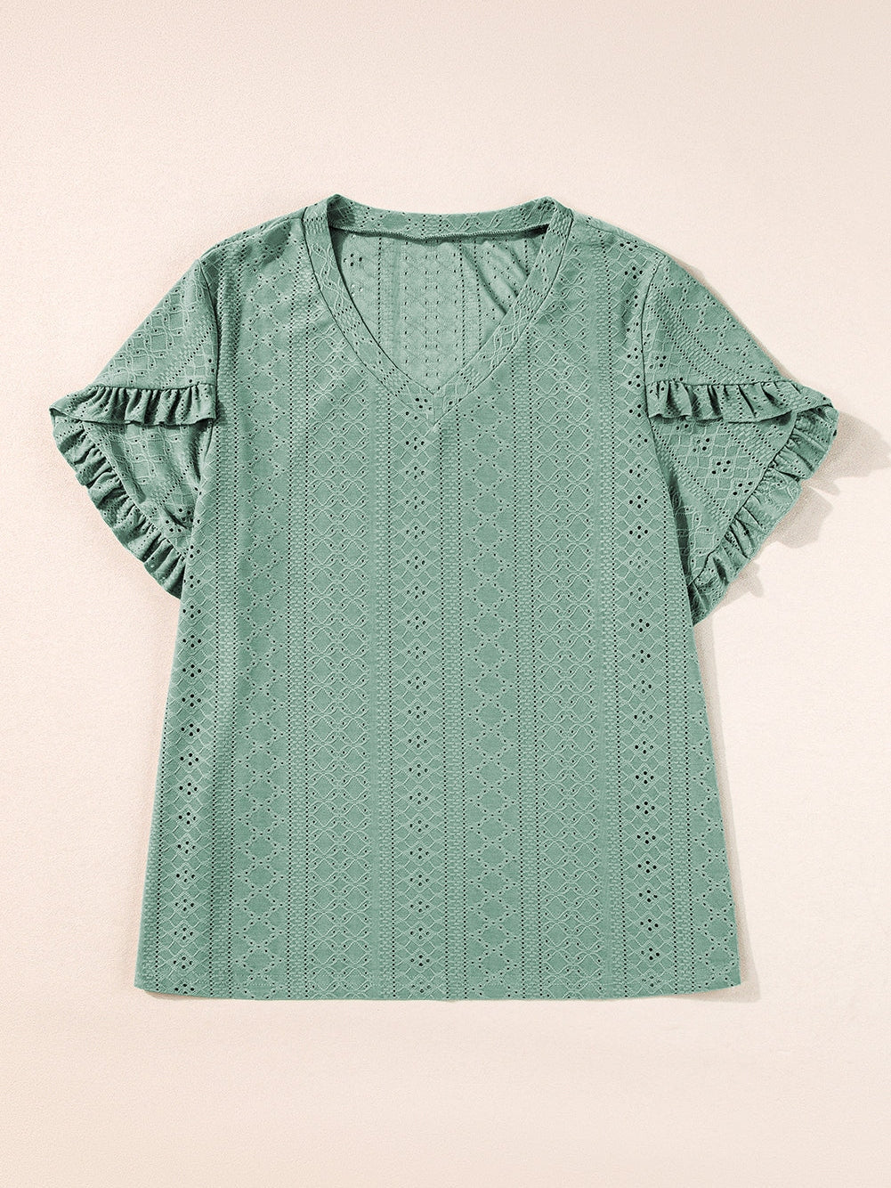 Green Jacquard V-Neck Plus Size Blouse with Petal Sleeves