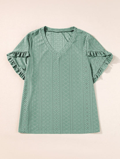 Green Jacquard V-Neck Plus Size Blouse with Petal Sleeves