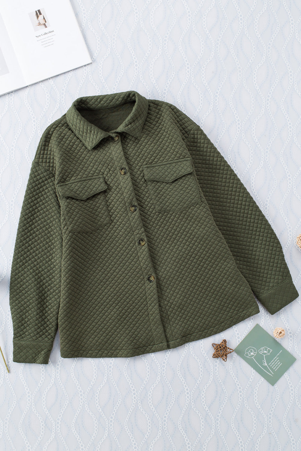 Green Vintage Quilted Flap Pocket Button Shirt Jacket
