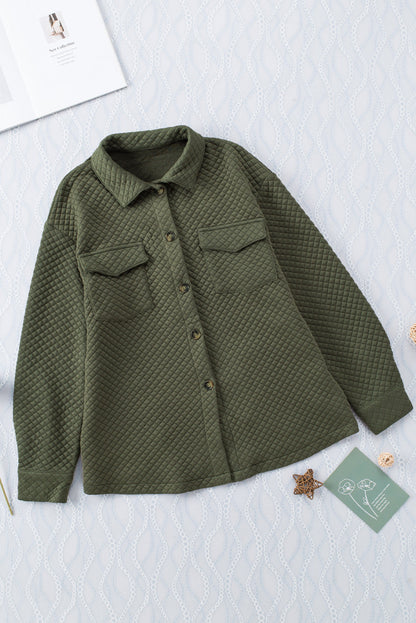 Green Vintage Quilted Flap Pocket Button Shirt Jacket
