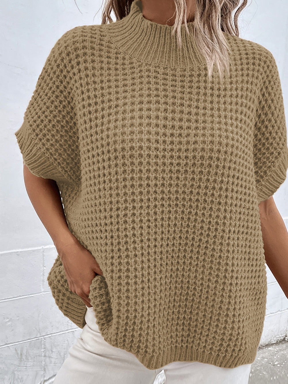 Elegant Light Beige Batwing Sleeve High Neck Knit Sweater for Women