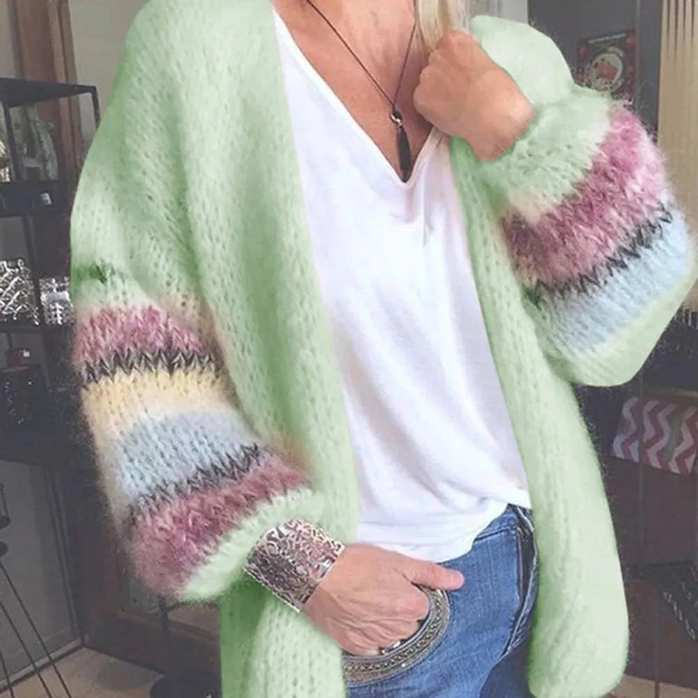 Women's Cardigan Sweater Open Front Ribbed Knit Acrylic Patchwork Fall Winter Long Daily Going out Weekend Stylish Casual Soft Long Sleeve Geometric Color Block Striped Yellow Light Green Pink S M L