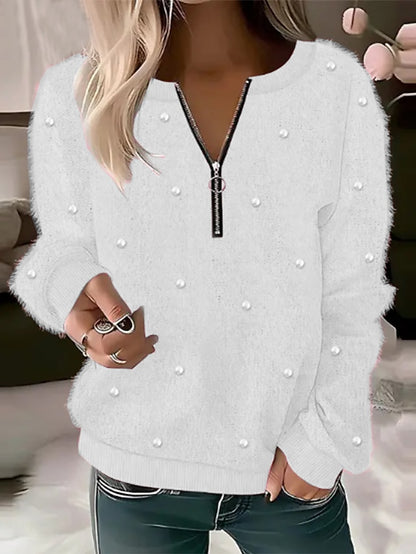 Women's Pullover Sweater Jumper Crew Neck Fuzzy Knit Cotton Blend Zipper Glitter Fall Winter Regular Date Valentine Casual Soft Long Sleeve Pure Color White Pink S M L