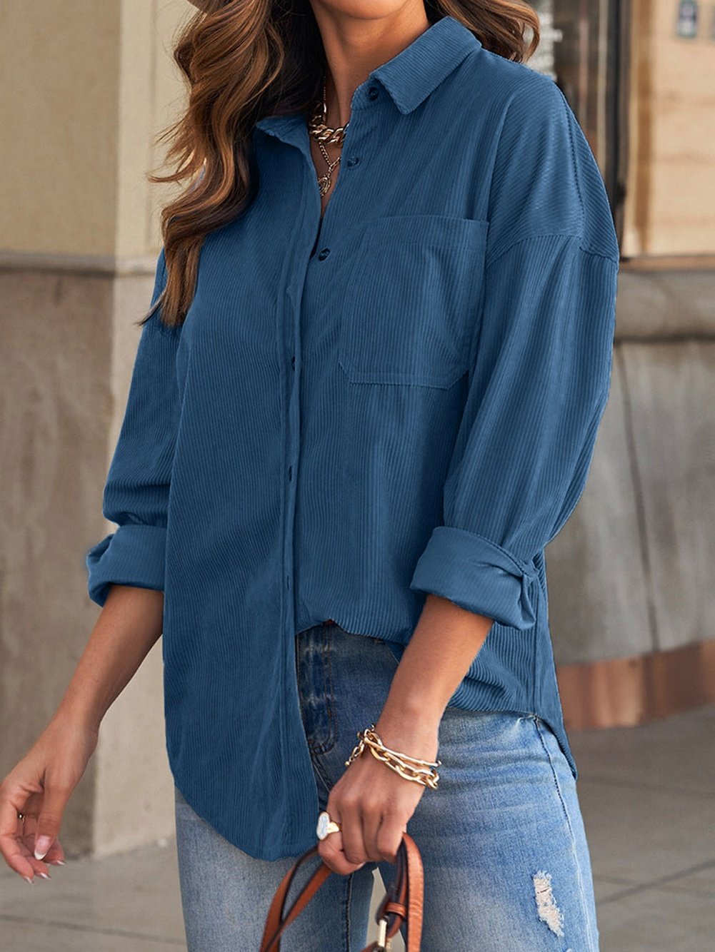 Elegant Button-Up V-Neck Long Sleeve Blouse