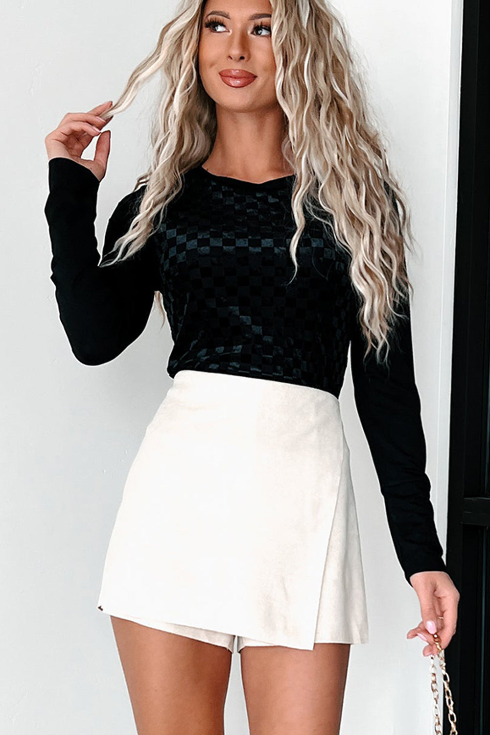 Black Velvet Checkerboard Long Sleeve O Neck Bodysuit