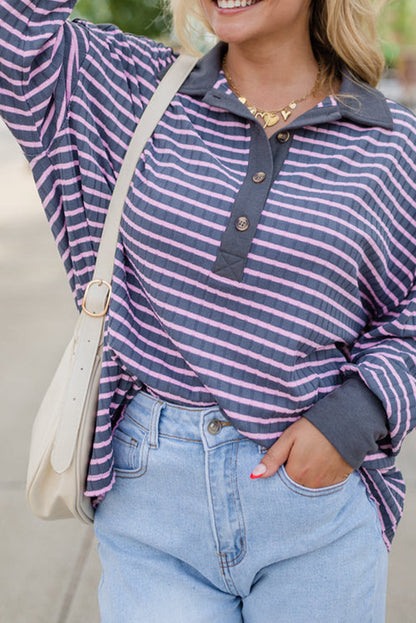 Gray Stripe Ribbed Texture Contrast Polo Collar Long Sleeve Top
