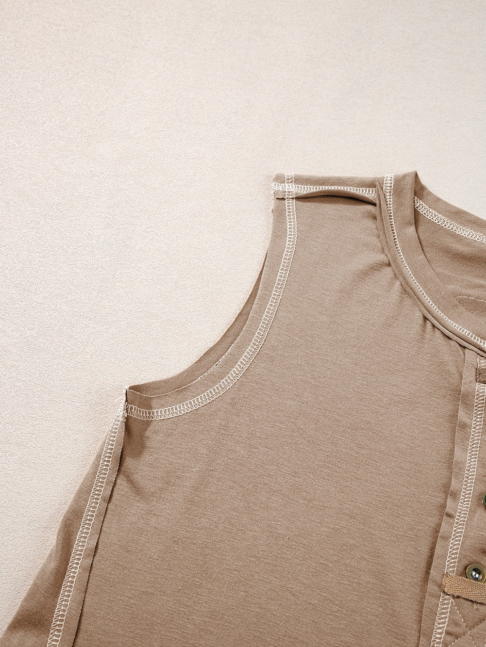 French Beige Henley Tank Top with Chic Contrast Stitching