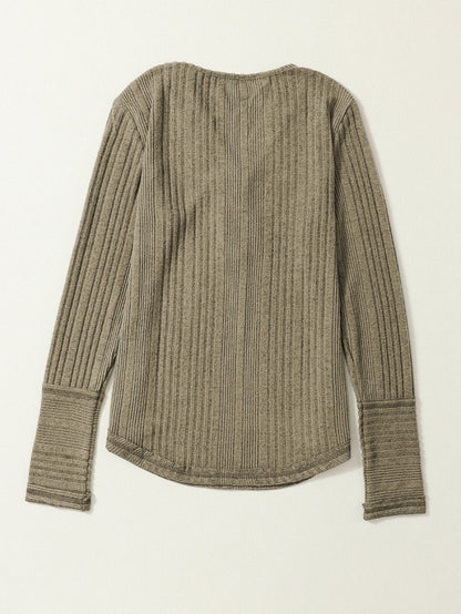 Jungle Green Ribbed Knit V-Neck Button-Up Top