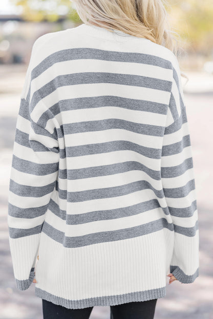 Gray Stripe Ribbed Buttoned Detail Drop Shoulder Tunic Sweater