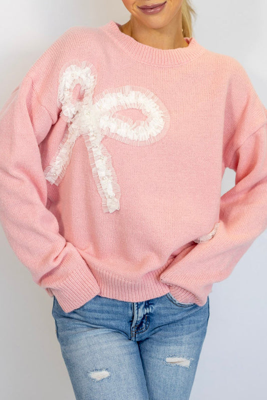 Gossamer Pink Pearl Embellished Frilly Tulle Bow Drop Shoulder Sweater
