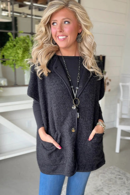 Black Short Sleeve Buttoned Front Loose Jacket Top