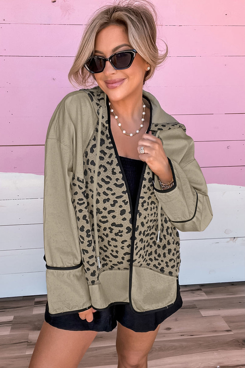 Khaki Leopard Star Hooded Patchwork Contrast Piping Open Front Jacket