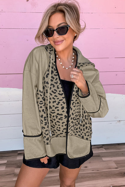 Khaki Leopard Star Hooded Patchwork Contrast Piping Open Front Jacket