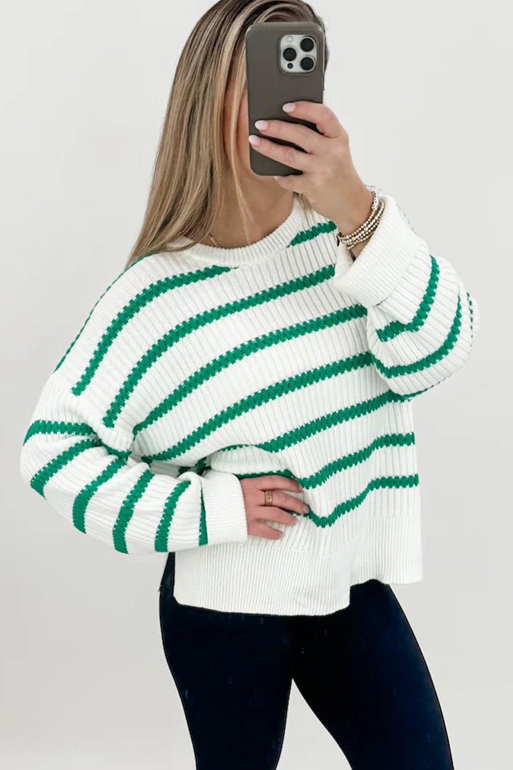 Green Stripe Ribbed Knit Drop Shoulder Loose Sweater