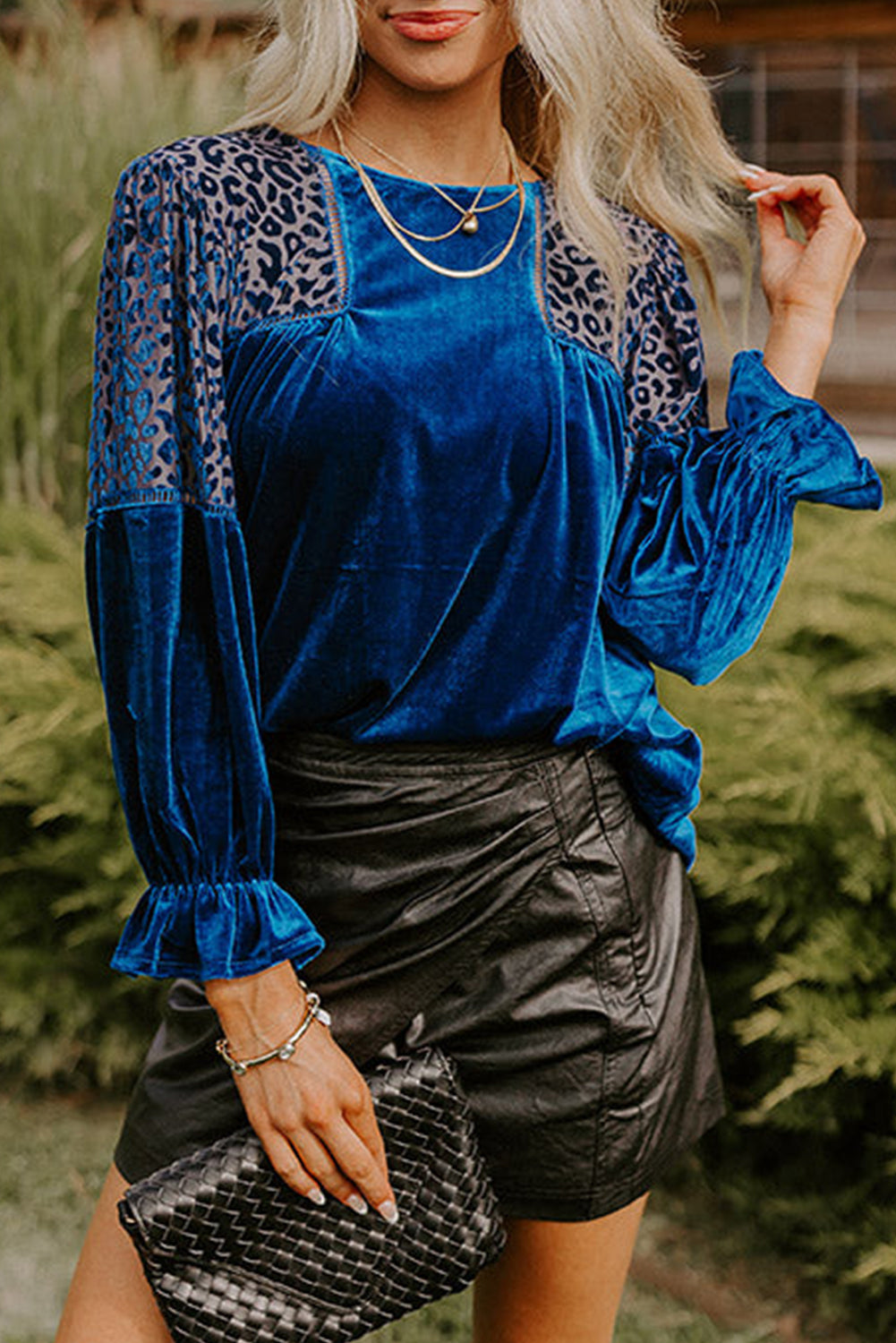 Sky Blue Leopard Patchwork Shoulder Flounce Sleeve Velvet Blouse