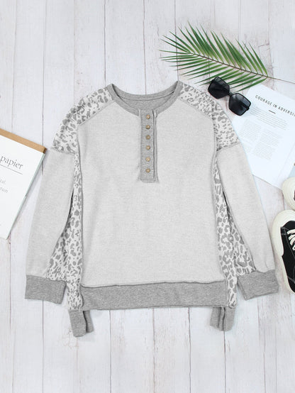 Leopard Patchwork Gray Buttoned Neck Pullover Sweatshirt