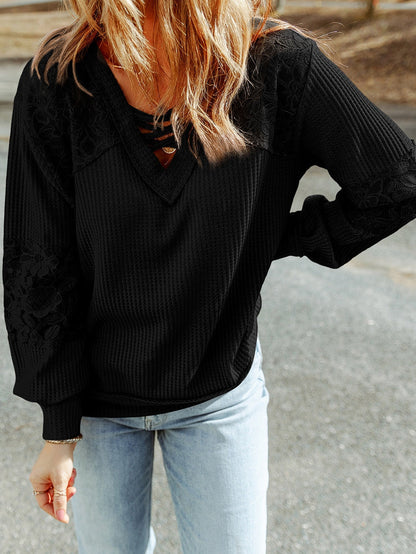 Elegant Black Lace Patchwork V Neck Long Sleeve Knit Top