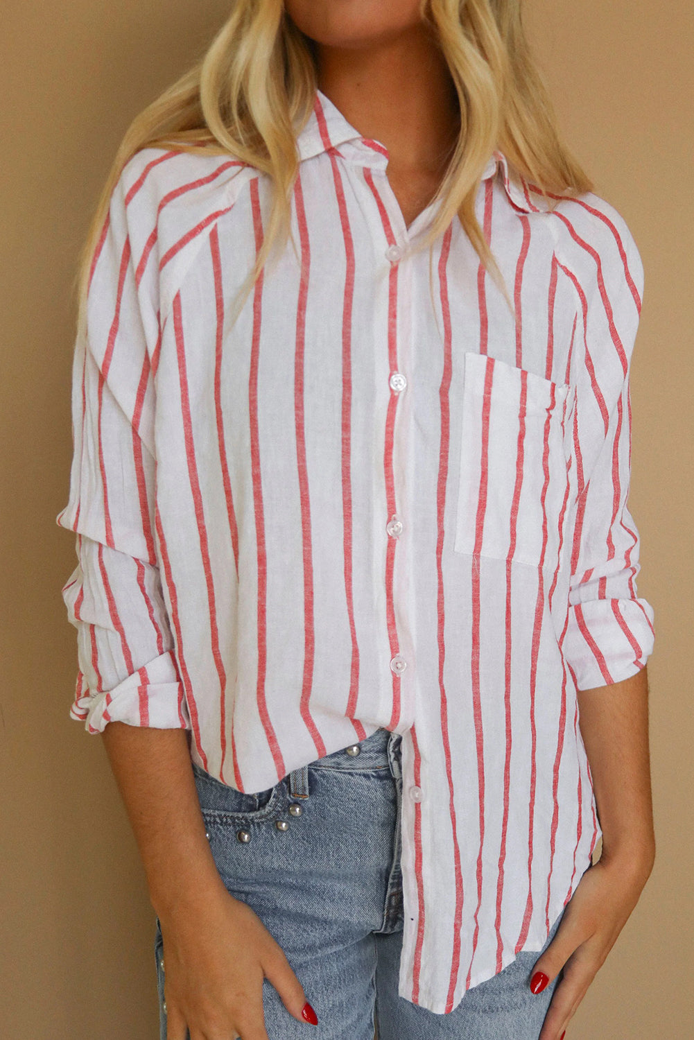 Red Stripe Vintage Print Single Chest Pocket Long Sleeve Shirt