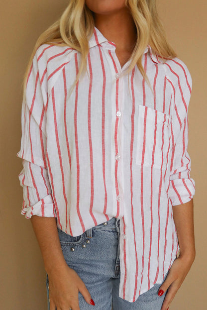 Red Stripe Vintage Print Single Chest Pocket Long Sleeve Shirt