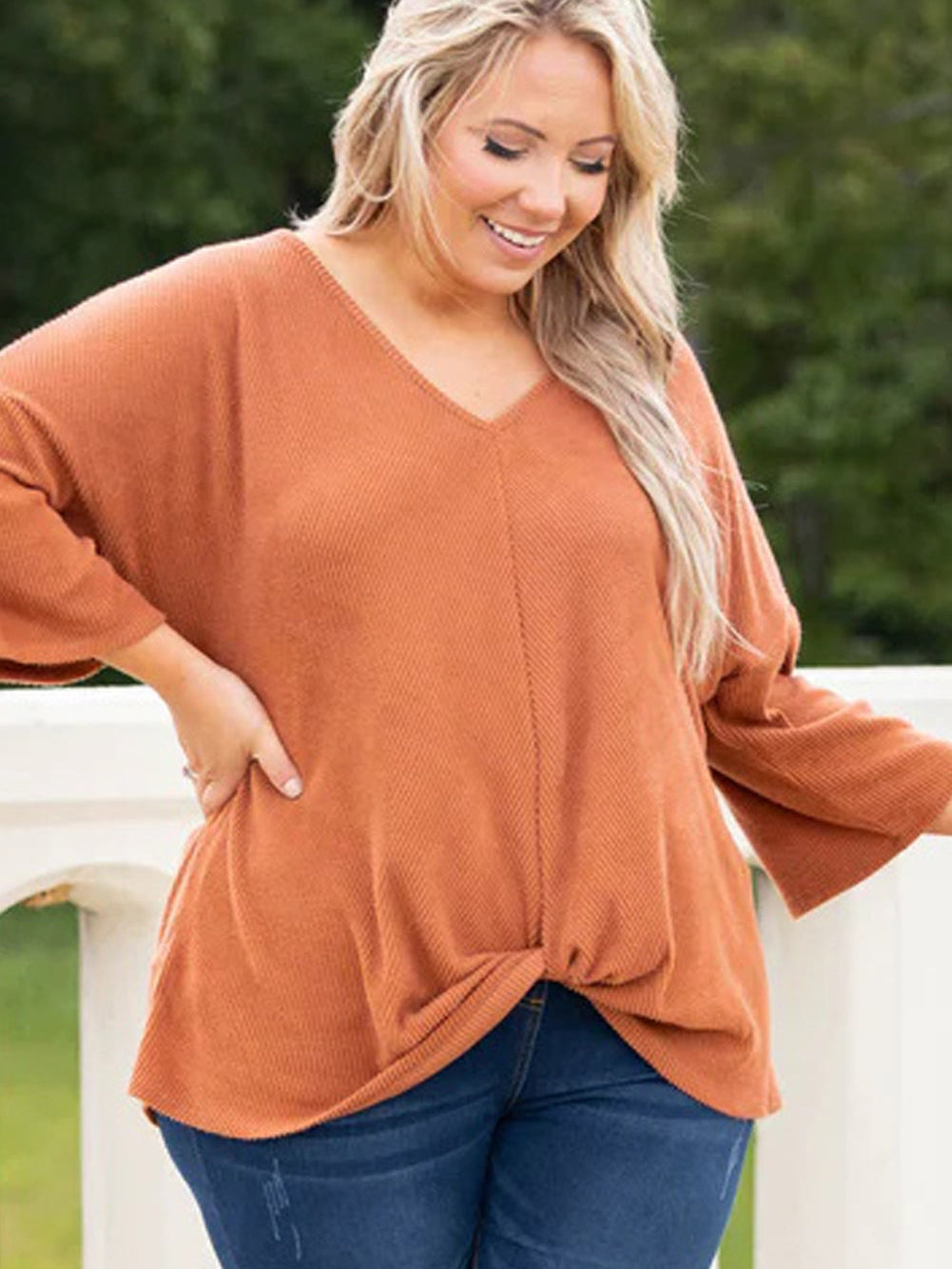 Gold Flame Plus Size Twist Hem Bracelet Sleeve Ribbed Top