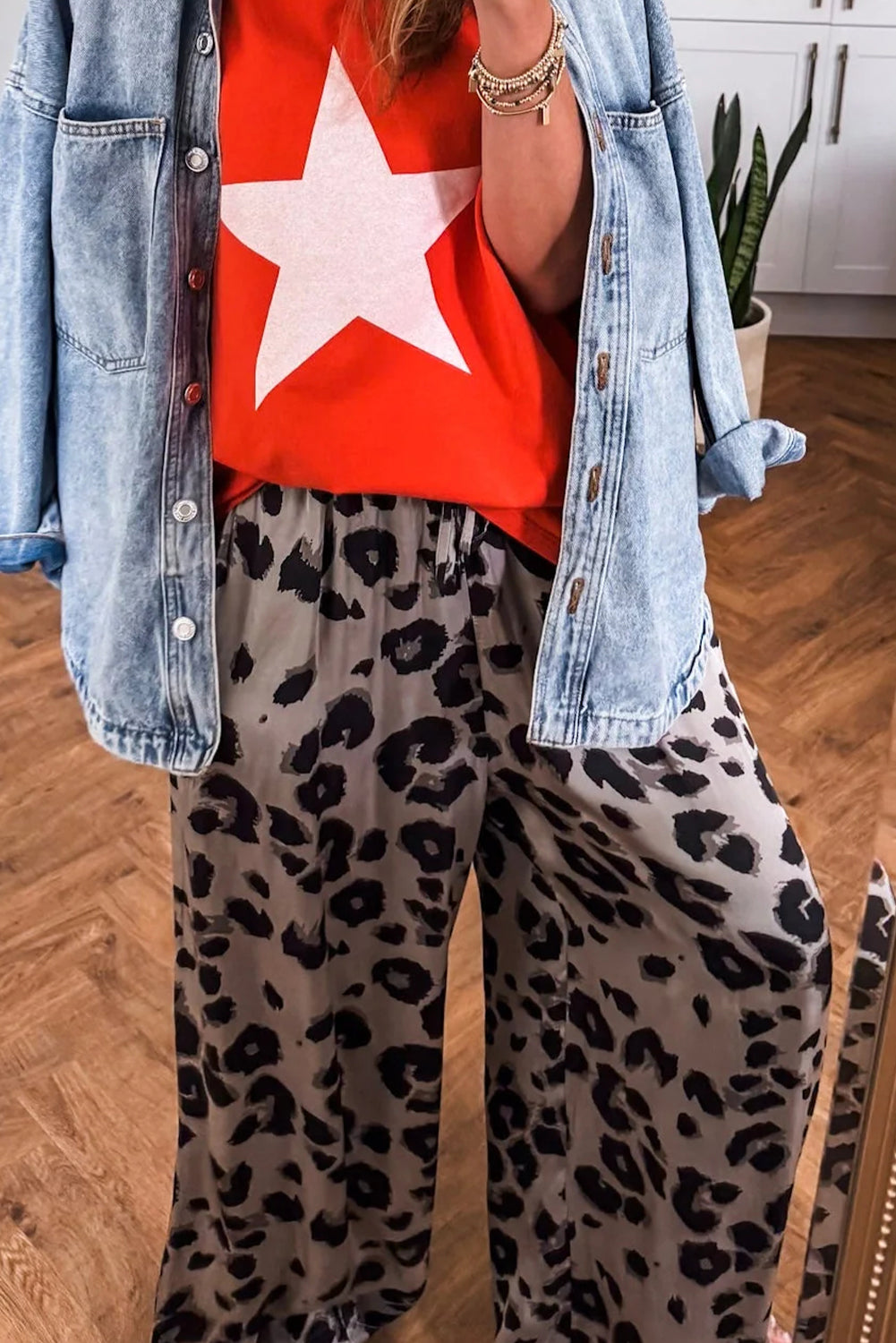 Orange Silky Animal Print Drawstring Loose Wide Leg Trousers