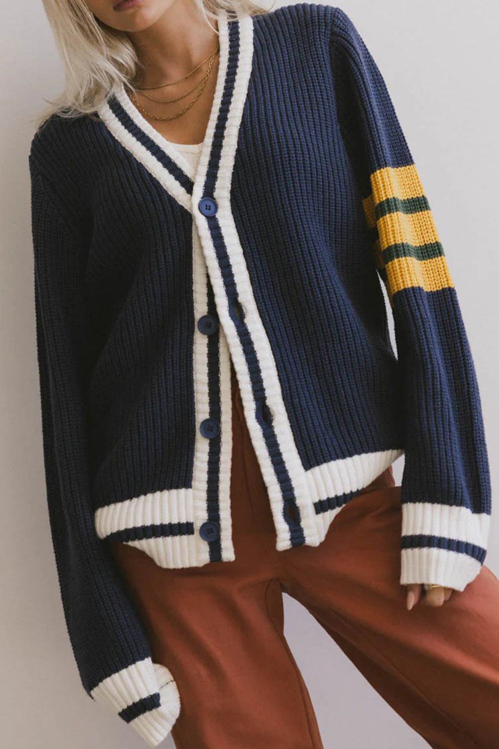 Dirty blue Ribbed Knit Striped Detail Button V Neck Preppy Sweater Cardigan
