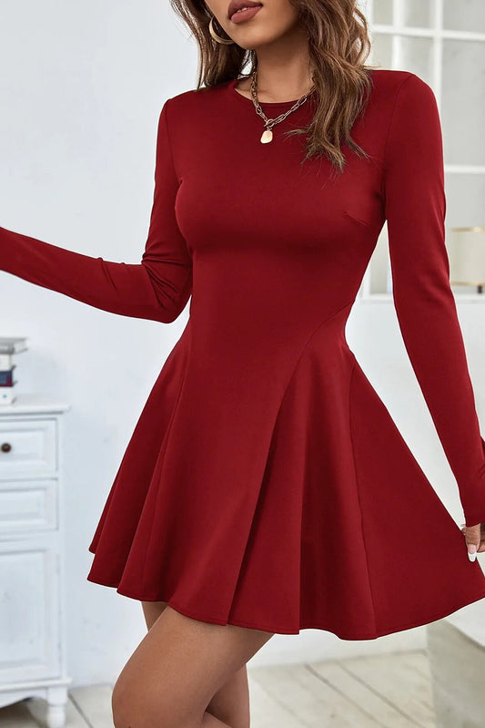 Red Dahlia Solid Color Long Sleeve Fit-and-flare Mini Dress